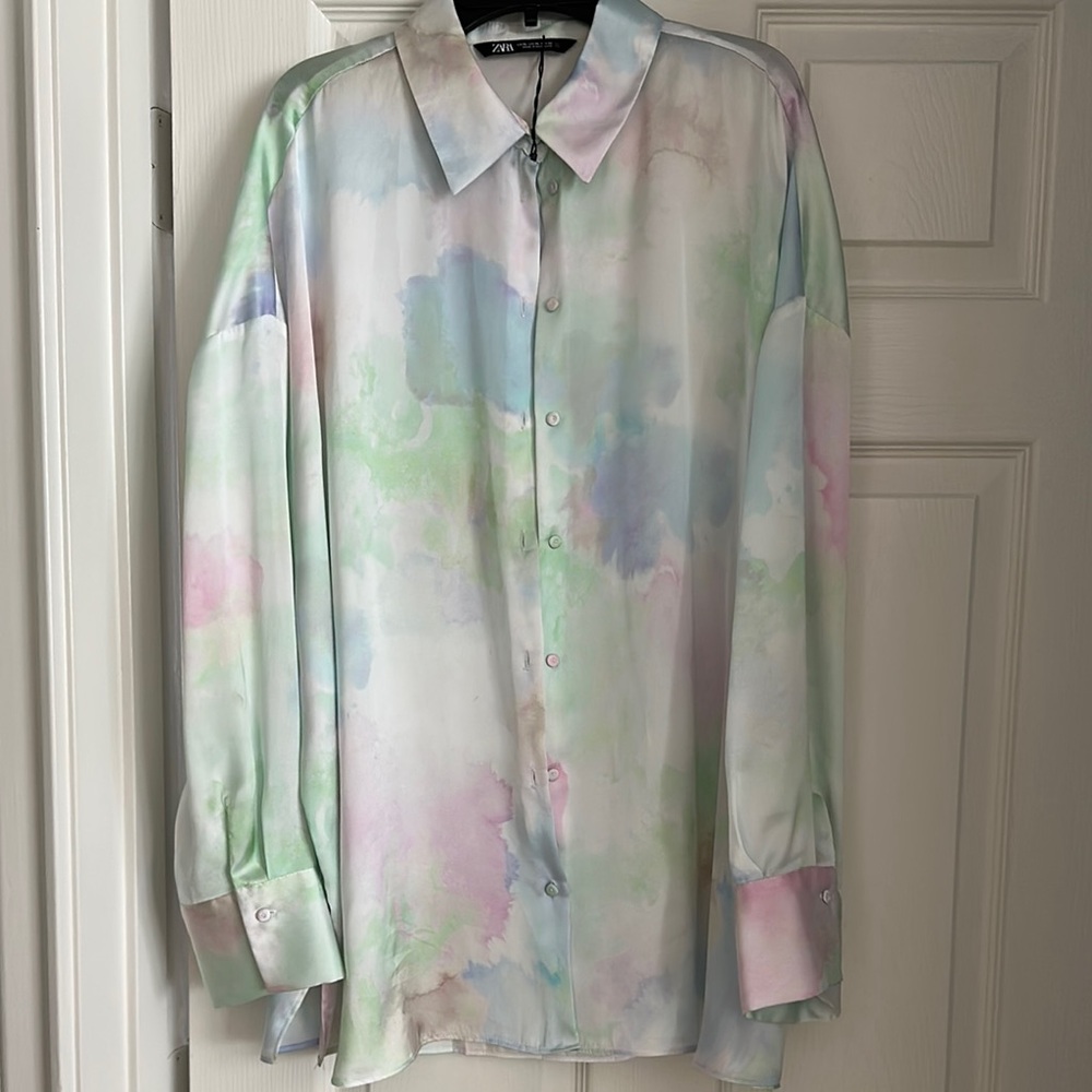 Zara Oversized Green and Pink Button Down Blouse